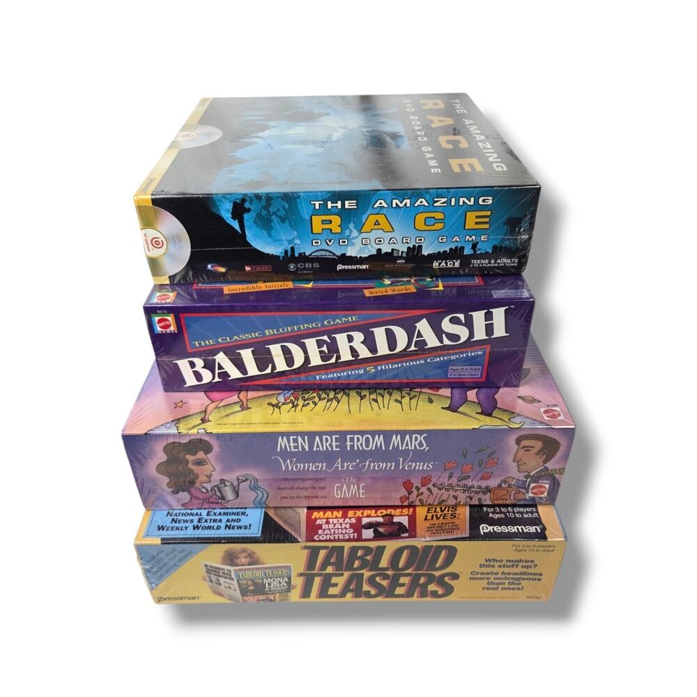 NEW Board Game Lot The Amazing Race Balderdash Tabloid Teasers Men are From Mars